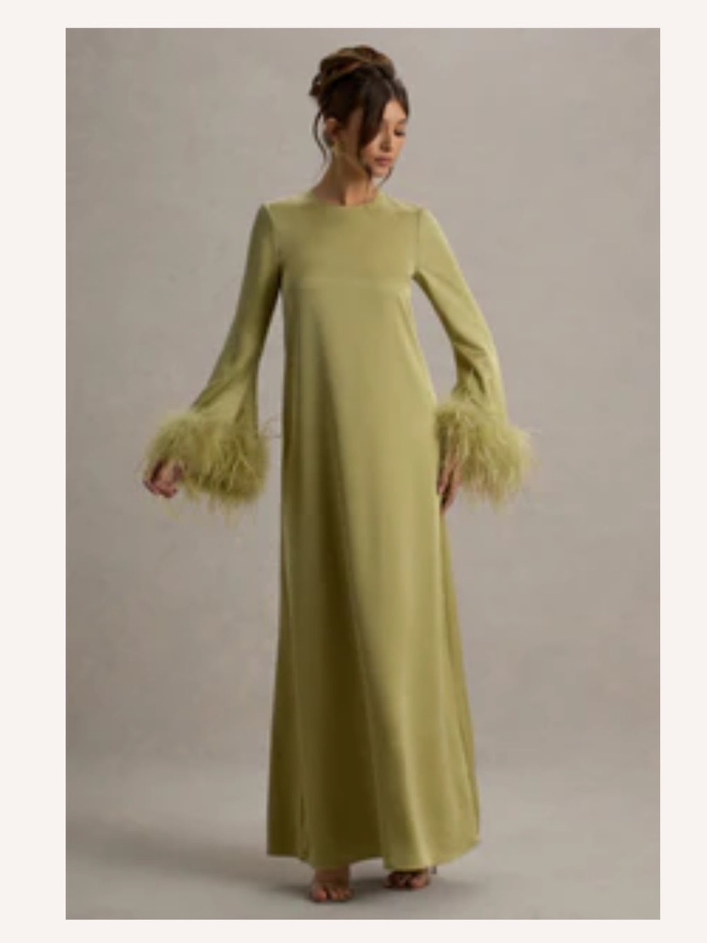 Olive Green Feather-Cuff Maxi Dress